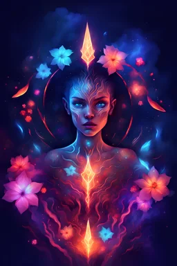 neon, abstract, amazing shadow and lightning, 4k, cinematic, glowing eyes, cosmic, face, dream, space, stars, amazing, art, glowing, fire, fantasy, crazy, ultimate, club, insane, digital painting, watercolor, flowers, flower background, pagan, runes