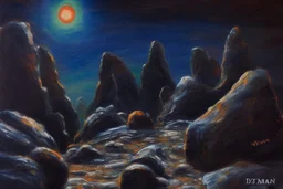 Rocks, night, 2000's sci-fi movies influence, ludwig dettman impressionism painting