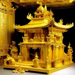A golden yellow temple filled with gold and jewels designed in Mayan architecture painted by Auguste Rodin