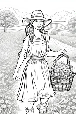 B/W outline art,coloring book page, full white, super detailed illustration for adult,cartoon style "Beautiful Country Girl: Little Girl in a Rural Hat Carrying a Basket of flower" coloring pages, crisp line, line art, high resolution,cartoon style, smooth, law details, no shading, no fill, white background, clean line art,law background details, Sketch style, strong and clean outline, strong and black outline