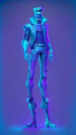realistic man game character full height with weapoon in blue-purple neon, witn navy background