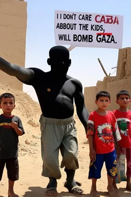 Kinder am gazastreifen werden von einem schwarzen großen terroristen bedroht der sagt "I dont care about the kids i will bomb gaza"