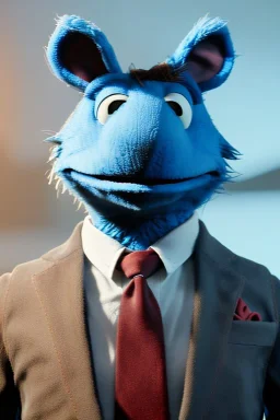 Realistic image, hybrid formed by simple blue muppet head and real human body, Shirt and tie, concept art, smooth, unreal engine 5, god lights, ray tracing, RTX, lumen lighting, ultra detail, volumetric lighting, 3d, finely drawn, high definition, 4k.