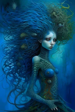 A beautiful girl and a colorful peacock hair with long curly hair , full body , front view . decayed and rotting with grotesque proportions and imagery. grotesqueries, detailed texture, surreal horror, biomechanical design, by hr giger and beksinski , on blue color