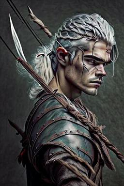 gladiator gray hair young medieval man with a longbow