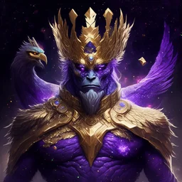 A creature with a combination of eagle and human head God-like man with infinite power who owns the galaxies and wears a beautiful crown with thanos Infinity Gauntlet