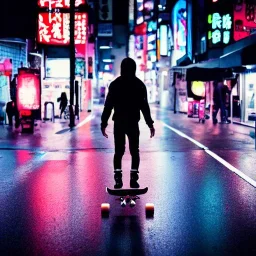 photo of a ninja riding a skateboard; in an alternate universe in tokyo; cyberpunk; realistic; rain; neon signs