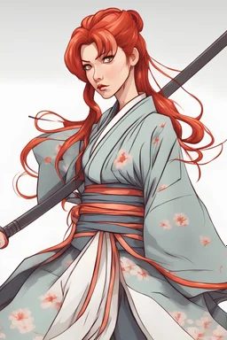 Samurai woman with long kimono, redhead,armor Wild Stance cartoon