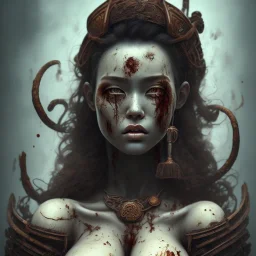 an abstract painting of rusted wood, woman japanese with big breast, big black hair,blood face, Viking style, 8K, a Highly detailed stunning full frame portrait, wide-angle view, a realistic face, volumetric lighting, volumetric clouds