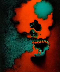 broken skull. black background. smoke and explode. particles in air. teal and orange. abstract. beksinski.