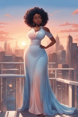 The scene opens onto a serene balcony overlooking a bustling city skyline. The sky above is painted in soft hues of blue and peach as the sun begins its descent, casting a warm glow over everything it touches. In the foreground stands a captivating figure, airbrush chibi cartoon curvy black woman exuding confidence and elegance. She is adorned in a flowing white knit maxi dress that hugs her curves in all the right places, accentuating her silhouette. Her choice of footwear is equally stunning