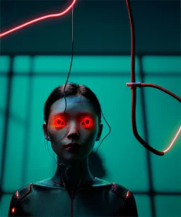 Ultra realistic photographic night portrait, cinematic, <Asian woman> <hanging wires> many wires coming out of the head <perfect pupil> <cyborg arm> <garage> <wide angle Shot> <sci-fi futuristic> <thriller>, neon lights, color fog, soft color, highly detailed, unreal engine 5, ray tracing, RTX, lumen lighting, ultra detail, volumetric lighting, high definition.