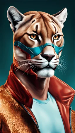 Cougar man man with puma mask in his eyes art stylized illustration complementary colors quality ultra hyper detailed hyper realistic 12k