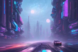 Futuristic cyberpunk street, planet in the sky, impressionism painting