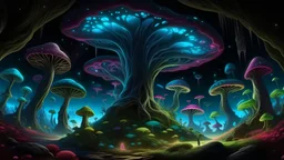 A hauntingly beautiful extraterrestrial landscape viewed from a worm's-eye perspective. At the center is a mesmerizing multi-colored, bioluminescent tree with a twisted trunk and glowing leaves. Surrounding this tree, alien creatures resembling flowers and mushrooms in various shapes and sizes create an eerie yet captivating scene. The background features a vast expanse of dark, star-filled sky, with a few celestial bodies glowing brightly. There's a sense of mystery and solitude, making the vie