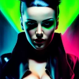 portrait oil on canvas, beautiful punk busty female Cyborg, looking to viewer, sad green eyes, post-apocalyptic in a cyberpunk city,minimal skintight suit, blade runner, comic book cover, mystical colors, neon, insanely detailed,realistic,intrincate detail, 16k resolution, masterpiece, Adam hughes