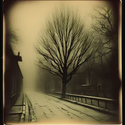 Dark street creepy fog colours strong texture artistic polaroid volumetric light tree nightmare Yves Tanguy