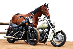 a harley davidson pan america 1250 motorcycle, next to a Indian Springfield Dark Horse motorcycle. next to a horse who's facing away and tied by the reins to a wood railing. white background. dirt ground. silkscreen style image