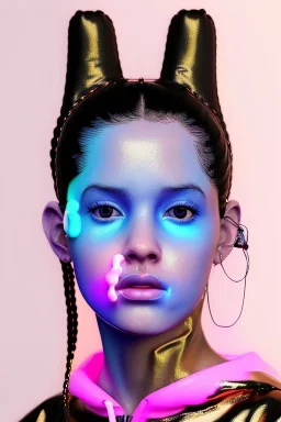 Ultra Realistic image, Rosalía artist, portrait, normal complexion, waist up portrait, long black eye line, sweet face, grunge t-shirt, inflatable hoodie, gold pink and blue style, spray glow make up, led rings piercing, led geometric ornament, fog, hot, inflatable style latex coat, vibrant color, highly detailed, art stations, concept art, smooth, unreal engine 5, god rays, ray tracing, RTX, lumen lighting, ultra detail, volumetric lighting, 3d, finely drawn, high definition, high resolution.