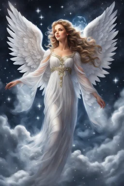 Photograph realistic close up ,An beautiful angel who wears a beautiful dress which has sparkles on it and is standing on the clouds at night as there are stars and the full moon.