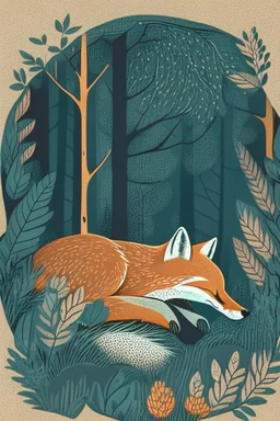 in a cosy vintage style, a fox sleeps in a forest