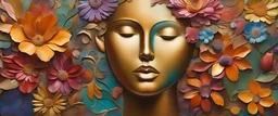 organic shapes and earthy colors with vibrant rich colors, beyond the limts art, classic modern art of ancient faces with flowers art, metalic feel