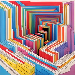 A very strange original 3D straight line labyrinth optical illusion :: colorful, triadic colors, award winning, crisp quality, inc drawing, pencil sketch, coloured, Escher