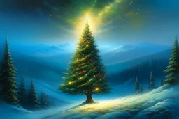 an oil painting of a Christmas tree on a snowy mountainside. The tree has sparkling coloured lights