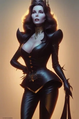 Jaclyn Smith as evil queen in black leather, busty, cleavage, dominatrix, curvy, angry, stern look. character design by cory loftis, fenghua zhong, ryohei hase, ismail inceoglu and ruan jia. unreal engine 5, artistic lighting, highly detailed, photorealistic, fantasy