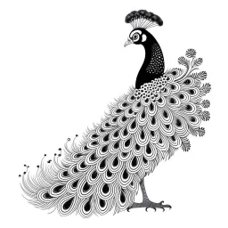 white, A peacock in a regal pose, focusing on its majestic feathers., coloring book, vector, white background, outline, with images neatly contained within the background, just black and white color, full body, no color.