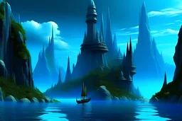 paysages bleus de l'Atlantide, ancien continent englouti, mais lumineux, joyeux, avec ses tours, ses châteaux, ses paysages magnifiques