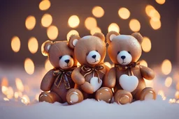 cute teddy bears holding hearts covered in sparkling gold glitter, beautiful winter composition, snowflakes, pine branches, Christmas ornaments and glowing Christmas lights