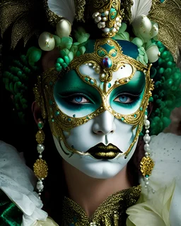 Beautiful faced italiwoman portrait adorned with baroque palimpsest carnival of venice style costume and masque ribbed with green obsidian, blue onix, light beige egg shell colour and Golden bioluminescense baroque palimpsest mineral stones and malachite stone masque and costume white Gloss glittering Golden and white and malachite green makeup on baroque palimpsest organic bio spinal ribbed detail. Of carnival of venice bokeh background with lights extremely detailed hyperrealistic maximálist