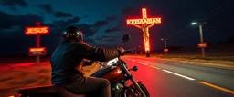 The kebab man driving fast on his motorcycle, fire from the exhaust, widescreen picture, empty road on the country at night, comic style, no helmet and he have a long black beard, neon kebab signs along the road, jesus at his cross