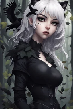 CAT GIRL, goth, forest, nature, cartoon, leaves, half black half white hair, boobs, ravens