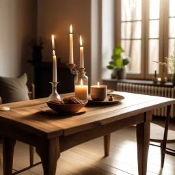 Generate an image of a table with a warm, inviting atmosphere. The table should be well-lit with soft, natural lighting The background should be slightly blurred.