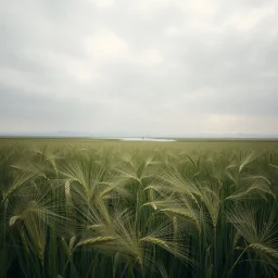 Melancholic, ultra-realistic photograph of a vast barley field swaying gently in the wind, delicate green stalks moving like waves, soft light of a cloudy sky, subtle haze in the distance, a lonely river glimmers faintly between the fields, atmosphere of quiet sadness and timeless beauty, cinematic, hyper-detailed, emotional and mesmerizing