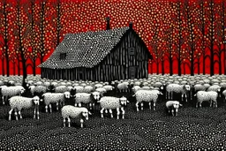 old barn in Style: Yayoi Kusama artist. landscape, pastoral, sheep