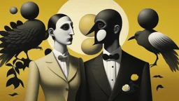 This is a digital image of an abstract painting by René Magritte titled "The Lovers." The artwork features a monochromatic palette dominated by black and white tones on a yellowish background. The painting includes surreal, dream-like elements like a bowtie-shaped figure, a bird with a bow tie, a nude woman, and a man with an oversized eye. The figures are arranged in a seemingly chaotic yet balanced composition. The texture is smooth with a slight graininess, typical of early 20th-century surre
