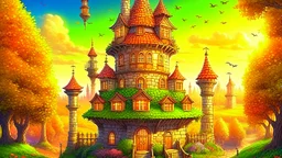 Fantasy style digital art: beautiful fairy tower in a middle of a small cute village, with many small houses