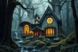 Ultra realistic photo of a magical beautiful house hidden in an ancient enchanted forest, built from natural stone and wood, large circular windows, glowing warm lights inside, surrounded by giant trees, moss, waterfalls and flowers, mystical atmosphere, fantasy architecture, practical and manufacturable design, breathtaking composition, cinematic lighting, volumetric fog, enchanting colors, highly detailed, masterpiece architecture, HOF, full size, (((realism, realphoto, photography, profession