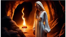 a sad woman with brown braided hair in profile in a scary cave, holding a flame in her palm in a white vintage long-sleeved nightgown, the inside of the cave is illuminated by the flame with yellow light,, close shot, detailed, high realistic, perfect photo, dramatic, dark fantasy