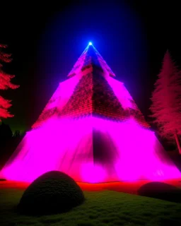 A magenta shining light pyramid with glowing eyes painted by Claude Monet