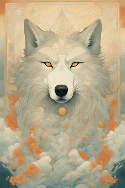 portrait of a mystic wolf, smoke, by victo ngai, by Hokusai, sacred geometry, medicine, sacred