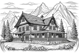 schita cu tema casa din Alpi , incadrata bine in rama , hasurat cu linii fine , cu mare acuratete si contrast , stil gravura pe metal