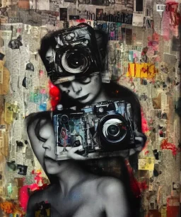 happy beautiful girl holding big proffesional camera in studio. street art, oil on canvas, spray paint, collage, letters, newspapeers, Dave McKean, Vladimir Fedotko, Saturno Butto, Vaughn Bodé, Frank Wu, James C. Christensen, collage, dirty, paint dripping, radiant