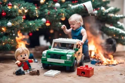 A crying toddler takes a burning car out of a LEGO box marked Land Rover next to the Christmas tree.