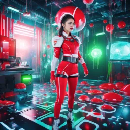 quirky, avant garde, highly detailed, weird but also humorous, large workplace sees very cute girl in neo-dada outfit fighting aliens in a 4D psionic competition. It is a funroom in colors of red, green and white stripes. giant ice cubes, lazers, and dripping blue goop and Roger Dean style furniture give this an ESCAPE ROOM mystery aesthetic