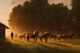 Fascinating, ultra-realistic nature in the photo. Golden autumn. A 32-year-old man in 19th-century Russian clothes walks towards the horses with his head raised to the sky, a smile on his face. In the background, a 19th-century estate and three horses stand at the outhouse.