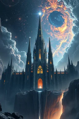 a colossal cathedral grown from black crystal, perched on the edge of a gravity rift, glowing constellations orbit its spires, the sky torn open by celestial storms, hyper-detailed very realistic professional photograph of a cosmic horror, surreal landscape